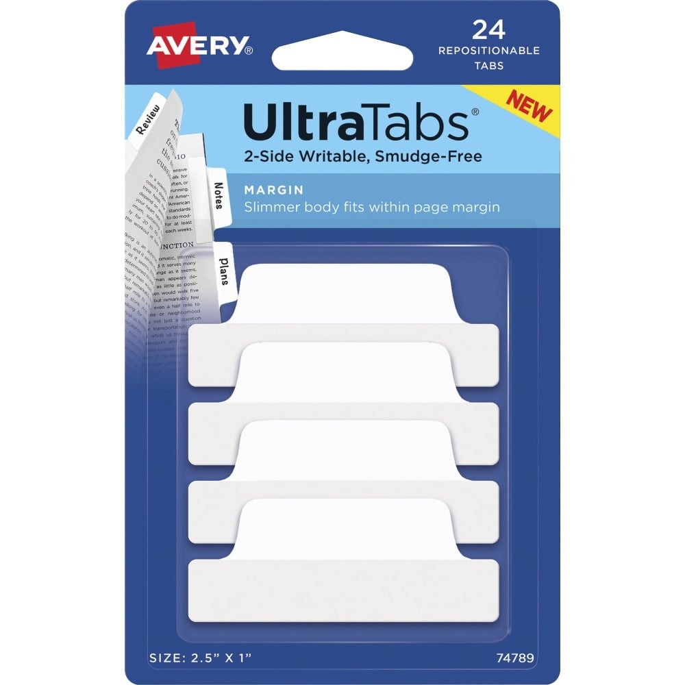 Avery Ultra Tabs Repositionable Margin Tabs - 24 Tab(s) - 6 Tab(s)/Set - Clear Film, White Paper Tab(s) - 4 (Min Order Qty 11) MPN:74789