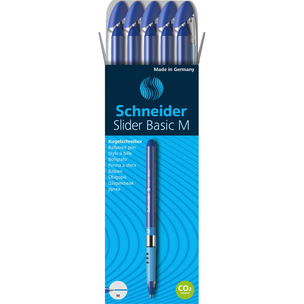 Rediform Schneider Slider Basic M Ballpoint Pens, Medium Point, 1.0 mm, Blue/Silver Barrels, Blue Ink, Pack Of 10 Pens (Min Order Qty 4) MPN:RED151103