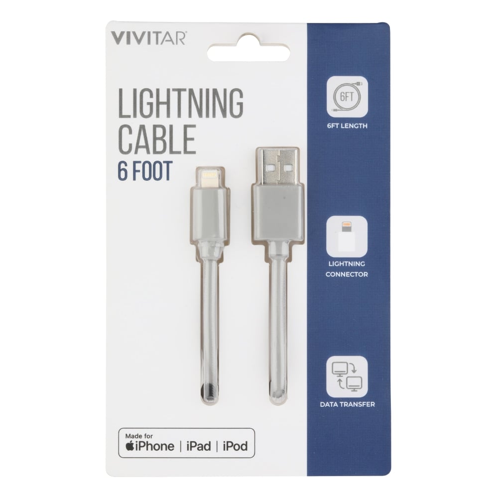 Vivitar Lightning To USB-A Cable, 6ft, Gray, NIL1006-GRY-STK-24 (Min Order Qty 8) MPN:NIL1006-GRY-STK-24