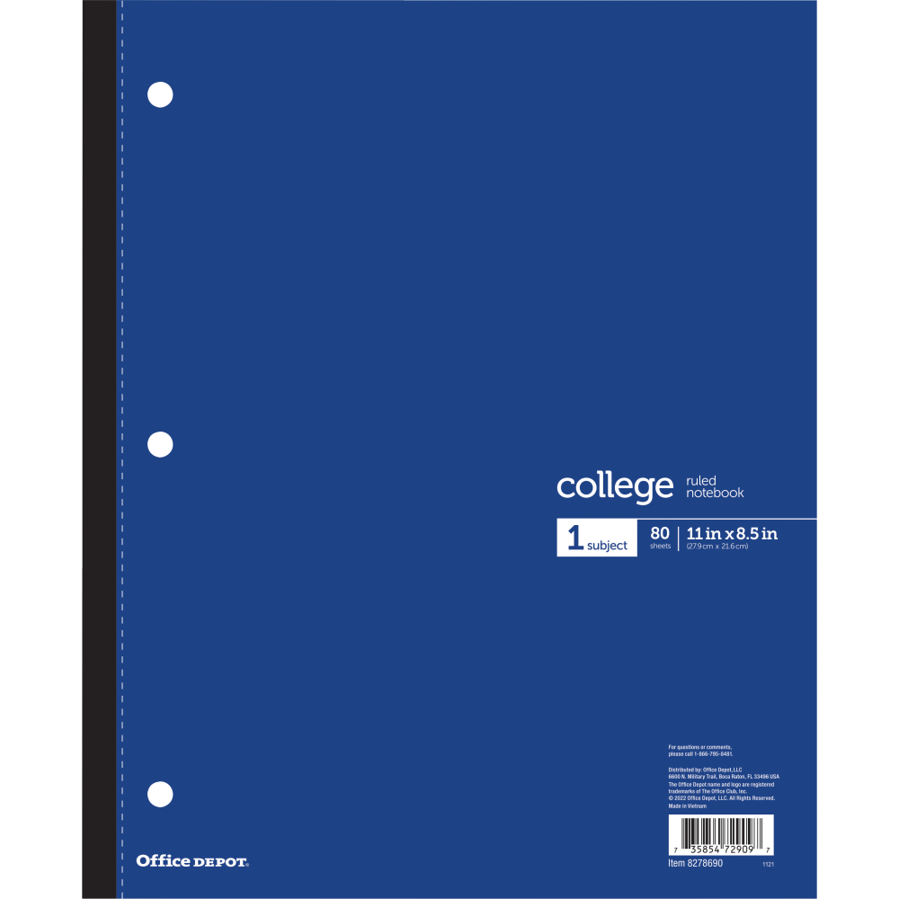 Office Depot Brand Wireless Notebook, 8-1/2in x 11in, 1 Subject, College Ruled, 80 Sheets, Blue (Min Order Qty 31) MPN:CJV202241