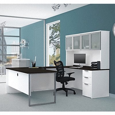 U Desk Glass Door Hutch White Deep Grey MPN:110890-17