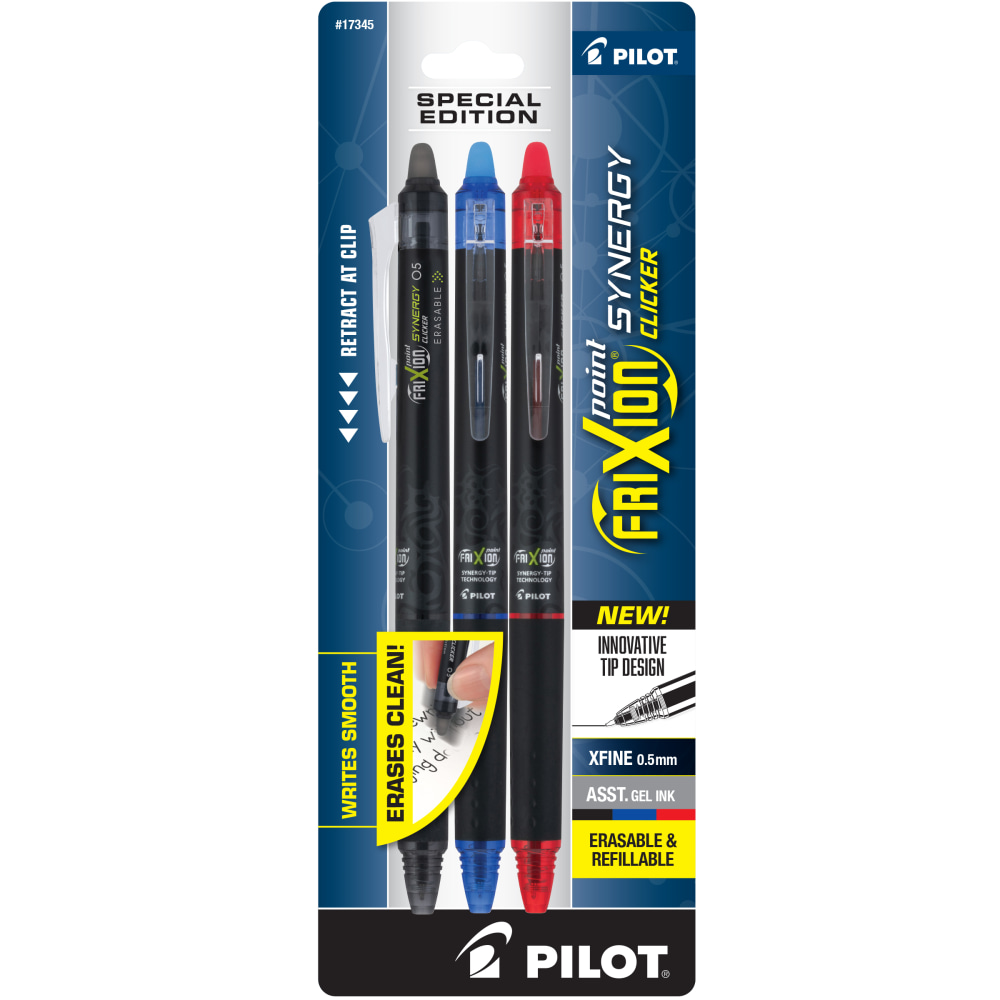 Pilot FriXion Synergy Clicker Erasable Retractable Gel Pens, Pack of 3, Extra-Fine Point, 0.5 mm, Black Barrel, Assorted Inks (Min Order Qty 11) MPN:17345