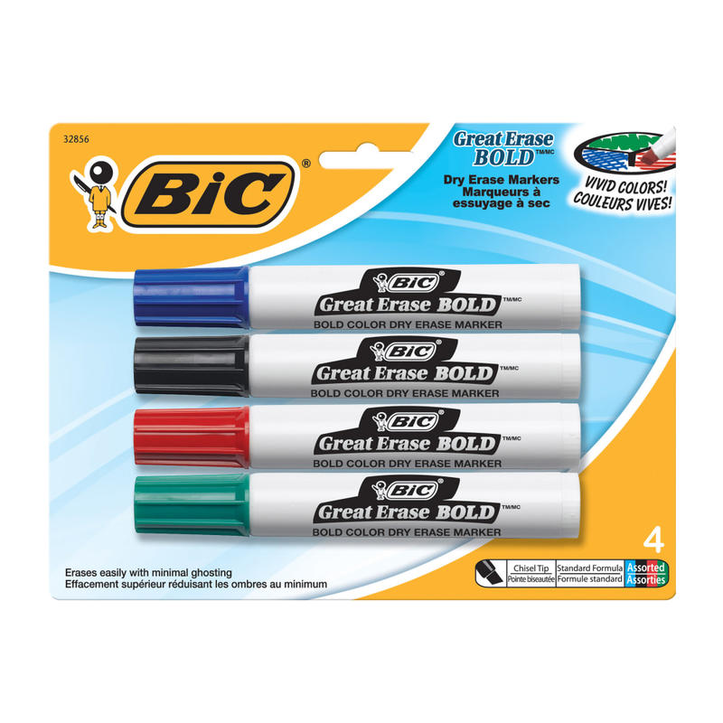 BIC Great Erase Bold Vivid Colors Dry Erase Markers, Chisel Point, Pack Of 4 (Min Order Qty 13) MPN:DECP41-AST