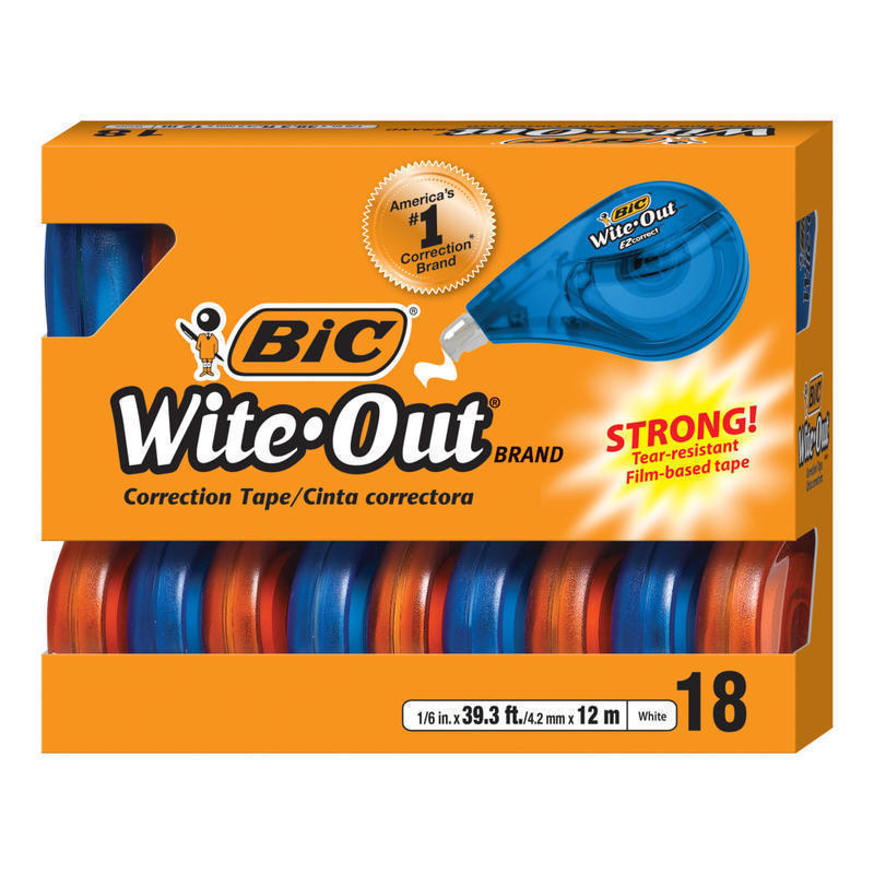 BIC Wite-Out EZ Correction Tape, 478-13/16in, White, Pack Of 18 Dispensers (Min Order Qty 2) MPN:WOTAP18-WHI