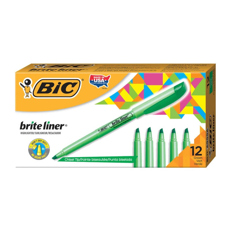 BIC Brite Liner Highlighters, Pocket Style, Chisel Tip, Green, Box Of 12 (Min Order Qty 17) MPN:BL11-GRN