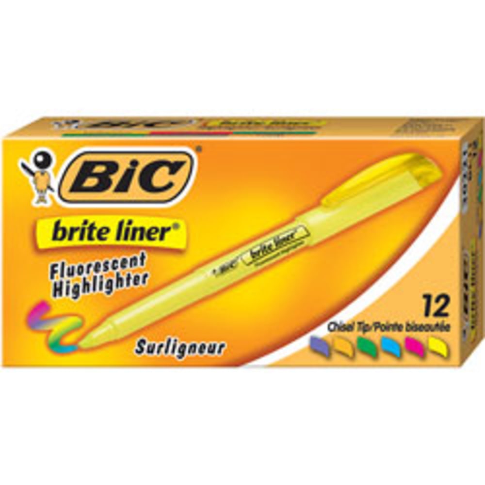 BIC Brite Liner Highlighters, Pocket Style, Chisel Tip, Assorted Colors, Box Of 12 (Min Order Qty 17) MPN:BL11ASST