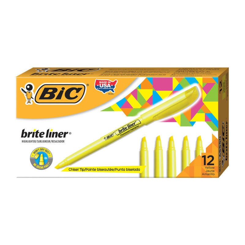 BIC Brite Liner Highlighters, Chisel Tip, Yellow, Box Of 12 (Min Order Qty 17) MPN:BL11YW