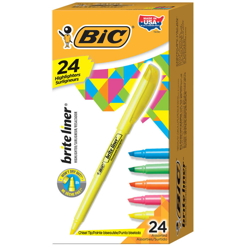 BIC Brite Liner Highlighters Pocket Style, Chisel Tip, Assorted, Box Of 24 (Min Order Qty 9) MPN:BL241-AST