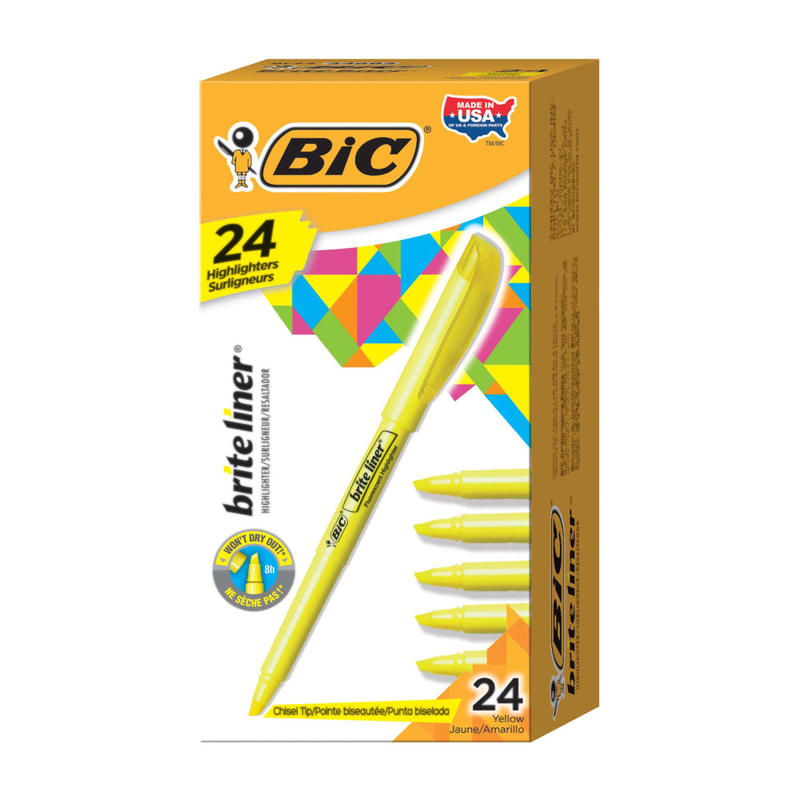 BIC Brite Liner Highlighters, Chisel Point, Yellow, Box Of 24 (Min Order Qty 9) MPN:BL241YW