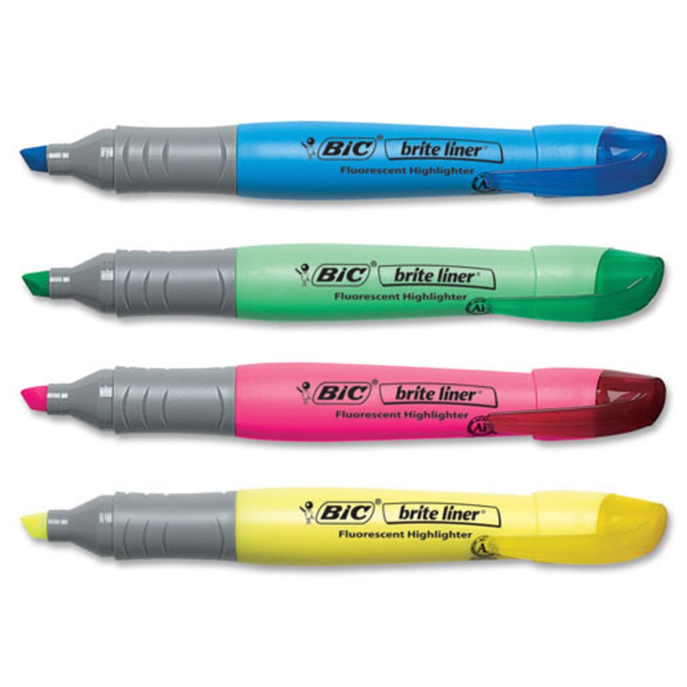 BIC Brite Liner Grip Highlighters, Chisel Tip, Assorted Colors, Pack Of 4 Highlighters (Min Order Qty 32) MPN:BLMGP41ASST