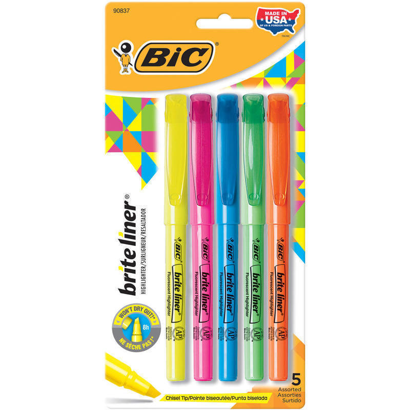 BIC Brite Liner Highlighters Pocket Style, Chisel Point, Assorted, 5-Pack (Min Order Qty 29) MPN:BLP51W-AST