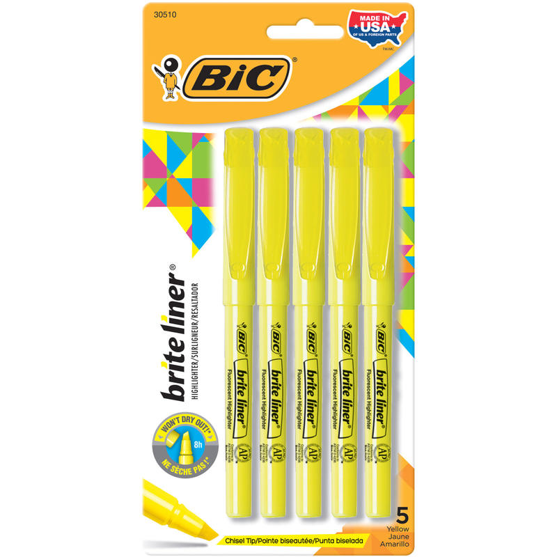 BIC Brite Liner Highlighters, Chisel Point, Yellow, Pack Of 5 Highlighters (Min Order Qty 29) MPN:BLP51W-YLW