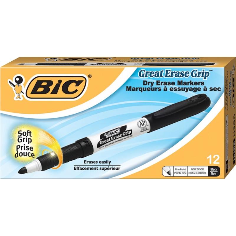 BIC Great Erase Grip Dry Erase Marker, Fine Point, Black Ink, Pack Of 12 (Min Order Qty 8) MPN:GDE11-BLK