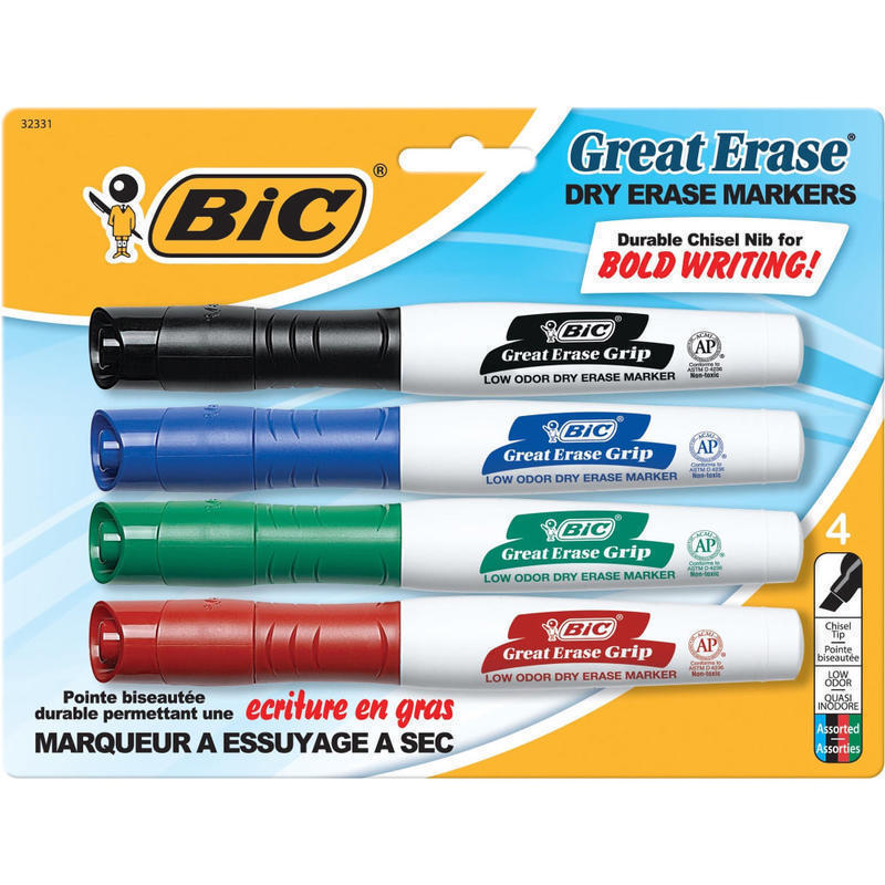 BIC Intensity Low-Odor Dry-Erase Markers, Chisel Tip, Assorted Colors, Pack Of 4 Markers (Min Order Qty 15) MPN:GDEMP41ASST