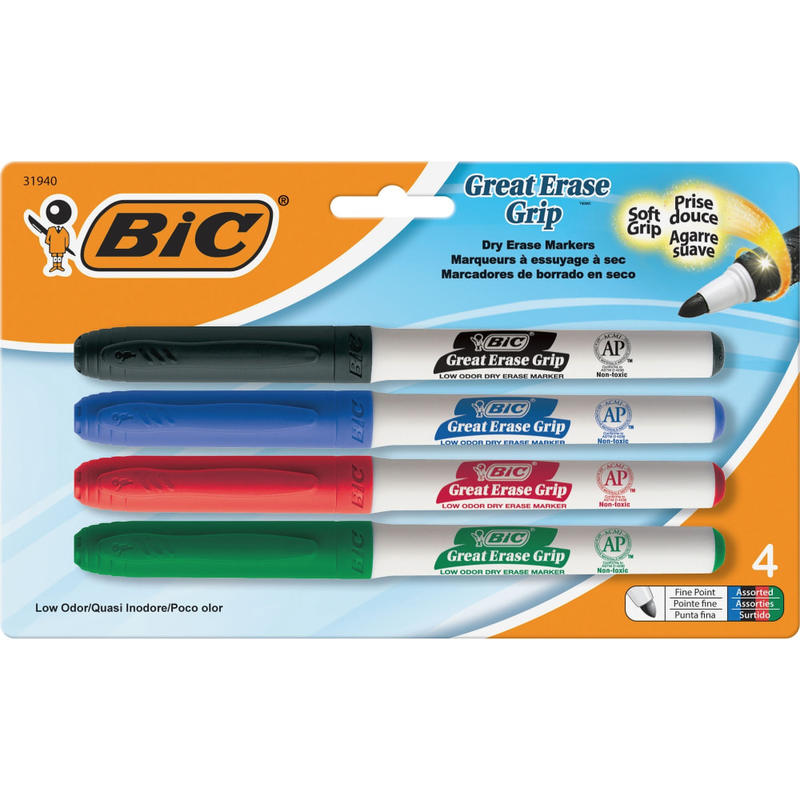 BIC Intensity Low Odor Dry Erase Markers, Fine Bullet Tip, Assorted Colors, Pack of 4 (Min Order Qty 18) MPN:GDEP41-AST