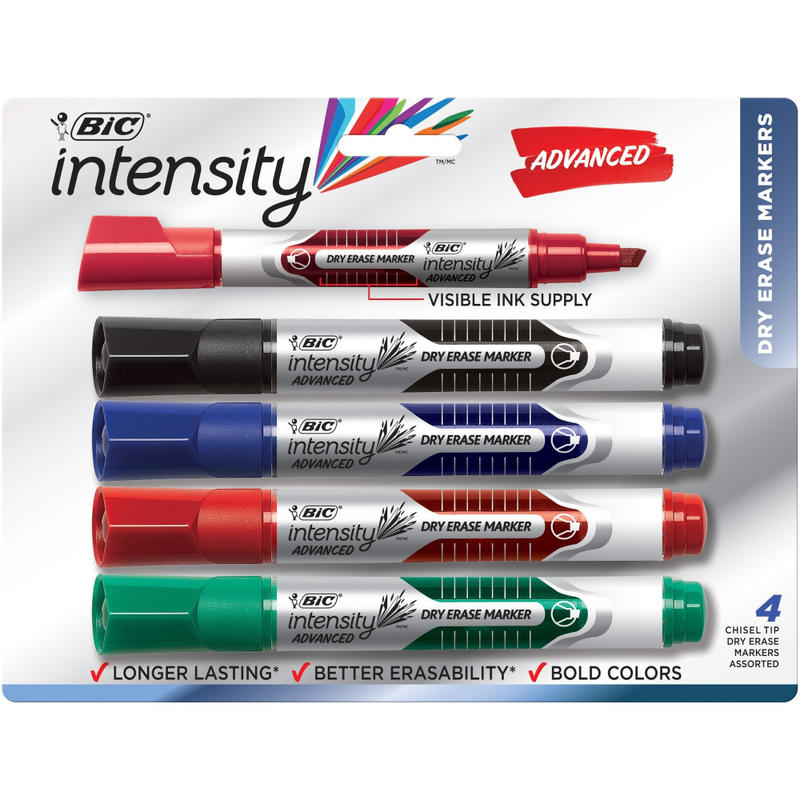 BIC Intensity Advanced Low Odor Dry-Erase Markers, Chisel Tip, Assorted Colors, Pack Of 4 Markers (Min Order Qty 12) MPN:GELITP41AST