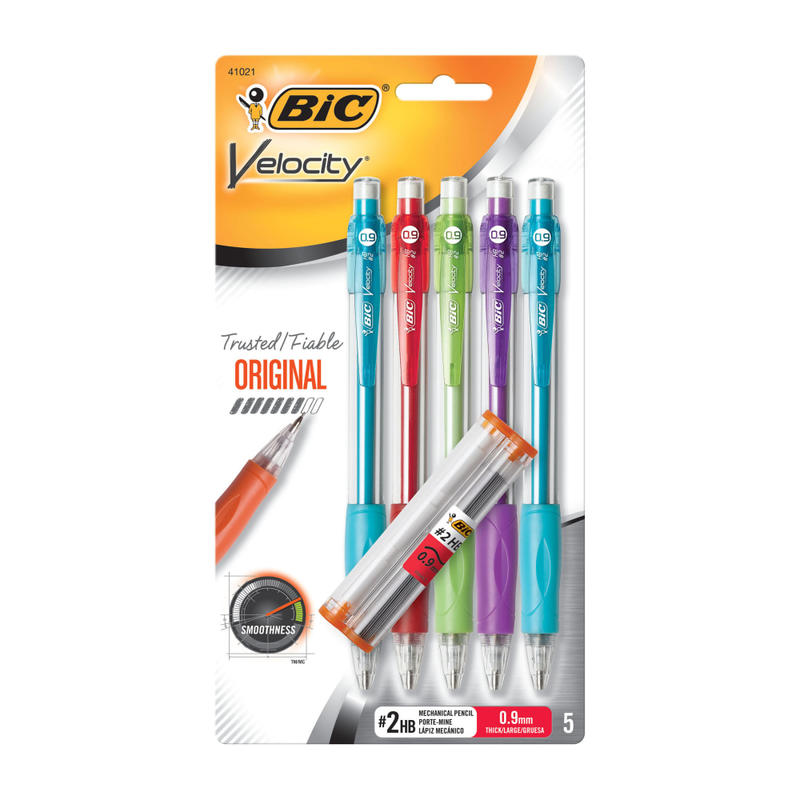 BIC Velocity Mechanical Pencils, 0.9mm, Assorted Barrel Colors, Pack Of 5 (Min Order Qty 12) MPN:MVP51