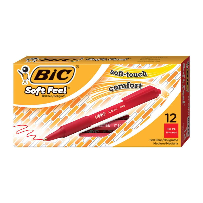 BIC Soft Feel Retractable Ballpoint Pens, Medium Point, 1.0 mm, Red Barrel, Red Ink, Box Of 12 Pens (Min Order Qty 7) MPN:BICSCSM11RE