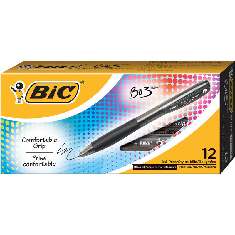 BIC BU3 Grip Retractable Ballpoint Pens, Medium Point, 1.0 mm, Clear Barrel, Black Ink, Pack Of 12 (Min Order Qty 15) MPN:BU311-BLK