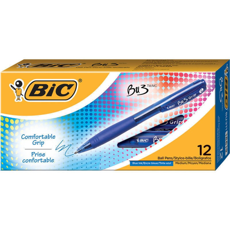 BIC BU3 Grip Retractable Ballpoint Pens, Medium Point, 1.0 mm, Clear Barrel, Blue Ink, Pack Of 12 (Min Order Qty 15) MPN:BU311-BLU