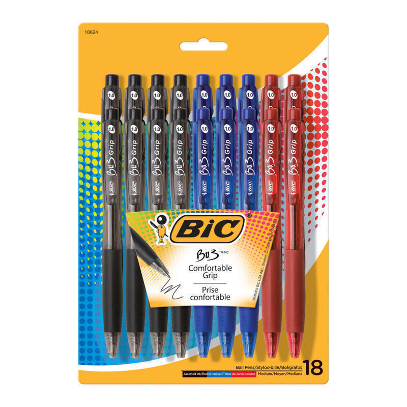 BIC BU3 Grip Retractable Ball Pens, Medium Point, 1.0 mm, Clear Barrel, Assorted Ink Colors, Pack Of 18 Pens (Min Order Qty 12) MPN:BU3P18-AST