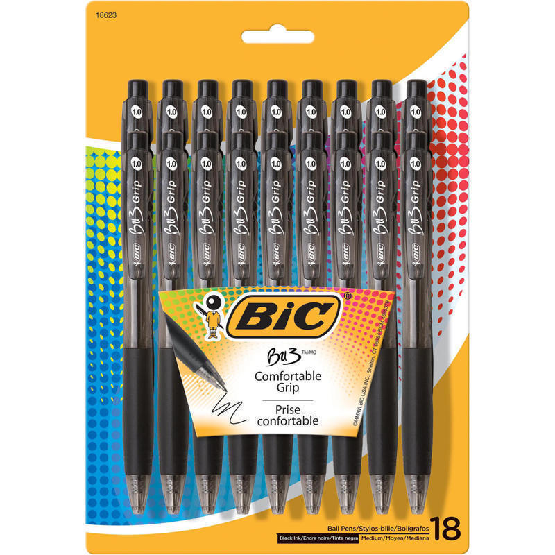 BIC BU3 Grip Retractable Ballpoint Pens, Medium Point, 1.0 mm, Clear Barrel, Black Ink, Pack Of 18 Pens (Min Order Qty 12) MPN:BU3P18-BLK