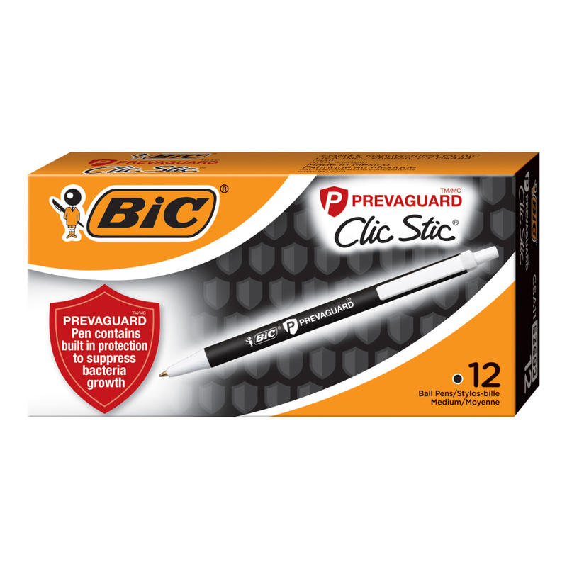 BIC PrevaGuard Clic Stic Ballpoint Pens With Antimicrobial Additive, Medium Point, 1.0 mm, Black Barrel, Black Ink, Pack Of 12 Pens (Min Order Qty 6) MPN:CSA11-BLK