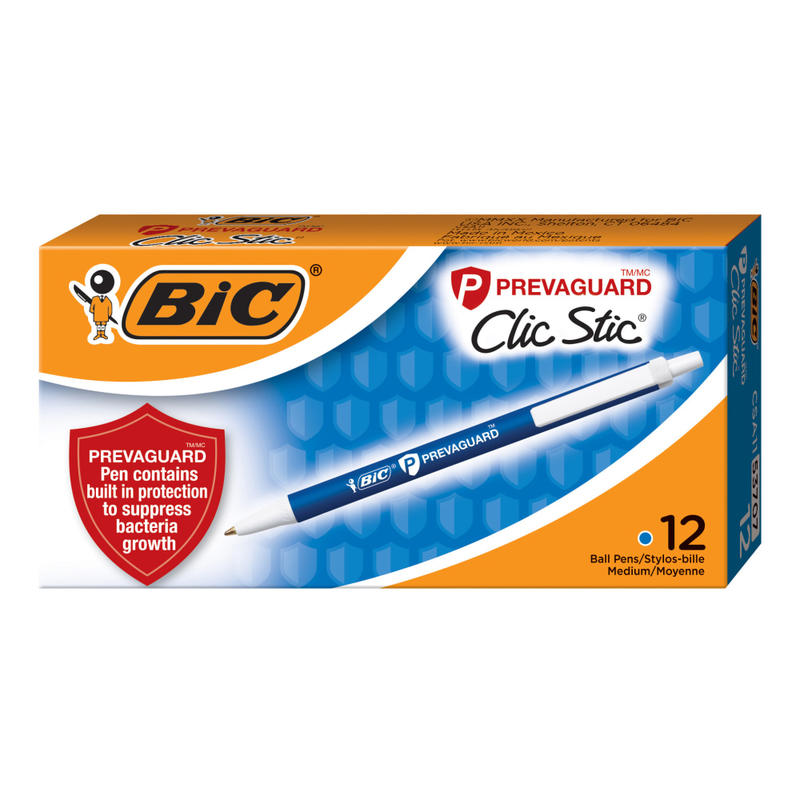 BIC PrevaGuard Clic Stic Ballpoint Pens With Antimicrobial Additive, Medium Point, 1.0 mm, Blue Barrel, Blue Ink, Pack Of 12 Pens (Min Order Qty 6) MPN:CSA11-BLU