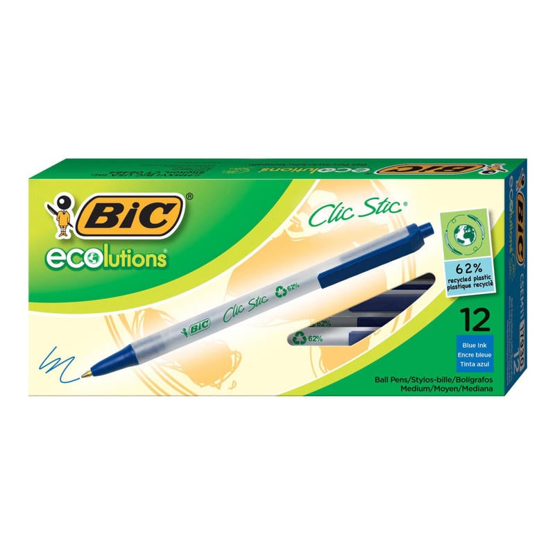 BIC Clic Stic Retractable Ball Pens, Pack Of 12, Medium Point, Clear Barrel, Blue Ink (Min Order Qty 11) MPN:CSEM11BE