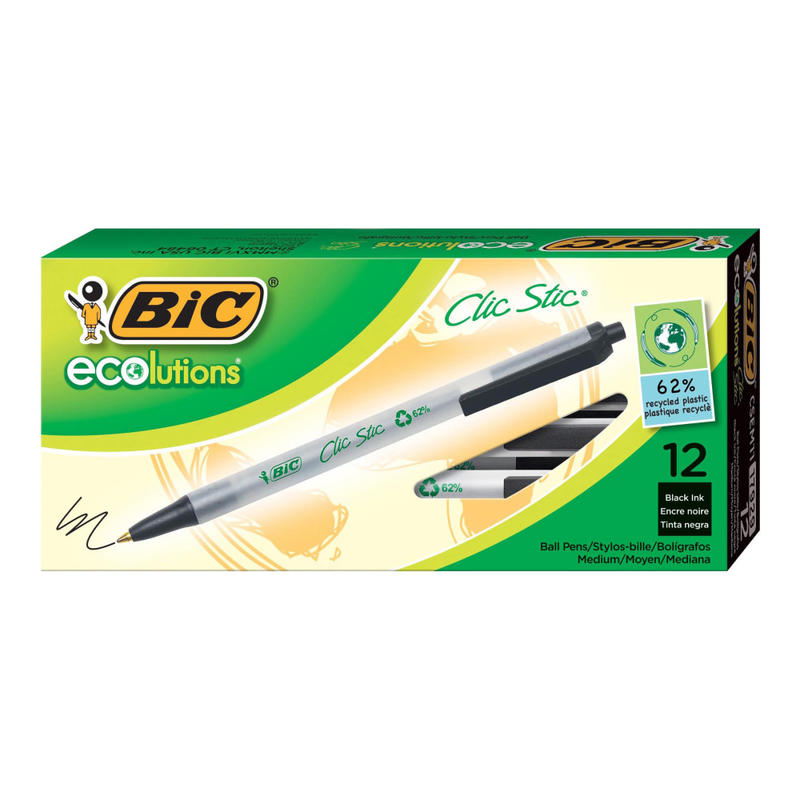 BIC Ecolutions Clic Stic Retractable Ballpoint Pens, Medium Point, 1.0 mm, Clear Barrel, Black Ink, Pack Of 12 (Min Order Qty 10) MPN:CSEM11BK