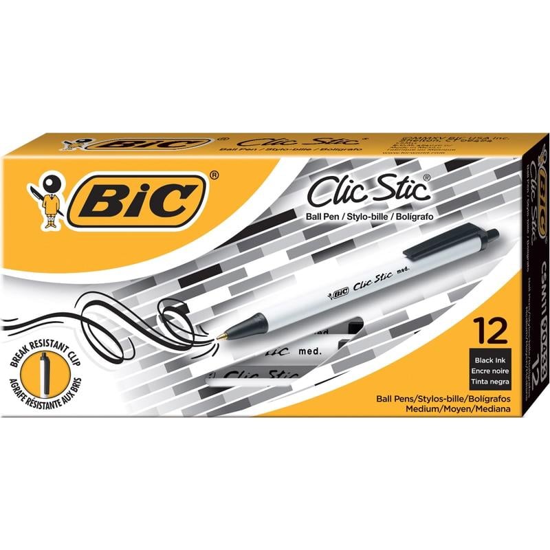 BIC Clic Stic Retractable Ballpoint Pens, Medium Point, 1.0 mm, White Barrel, Black Ink, Pack Of 12 (Min Order Qty 12) MPN:CSM11-BLK