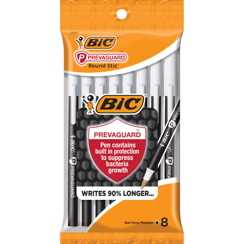 BIC Prevaguard Round Stic Pens With Antimicrobial Additive, Medium Point, 1.0 mm, Black Barrel, Black Ink, Pack Of 8 Pens (Min Order Qty 21) MPN:GSAMP81-BLK