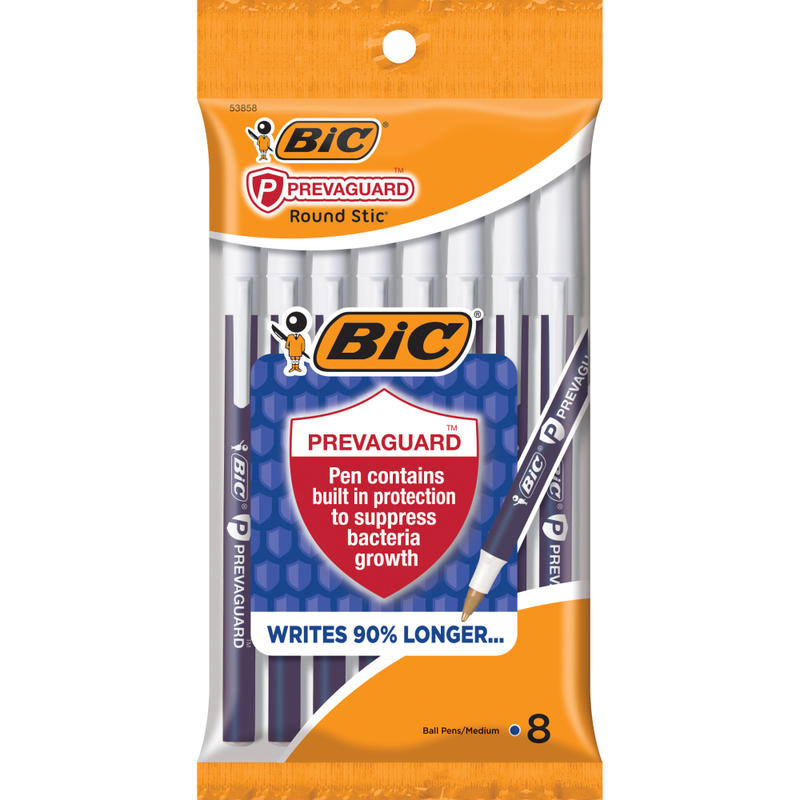 BIC Prevaguard Round Stic Pens With Antimicrobial Additive, Medium Point, 1.0 mm, Blue Barrel, Blue Ink, Pack Of 8 Pens (Min Order Qty 14) MPN:GSAMP81-BLU