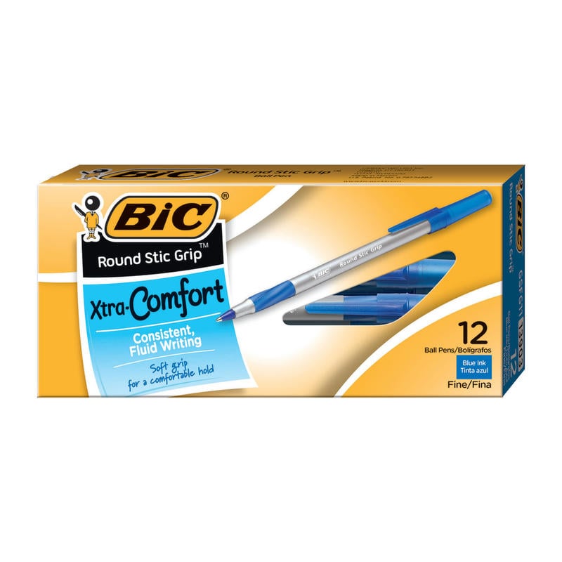 BIC Round Stic Grip Xtra-Comfort Ballpoint Pens, Fine Point, 0.8 mm, Gray Barrel, Blue Ink, Pack Of 12 (Min Order Qty 25) MPN:GSFG11-BLU