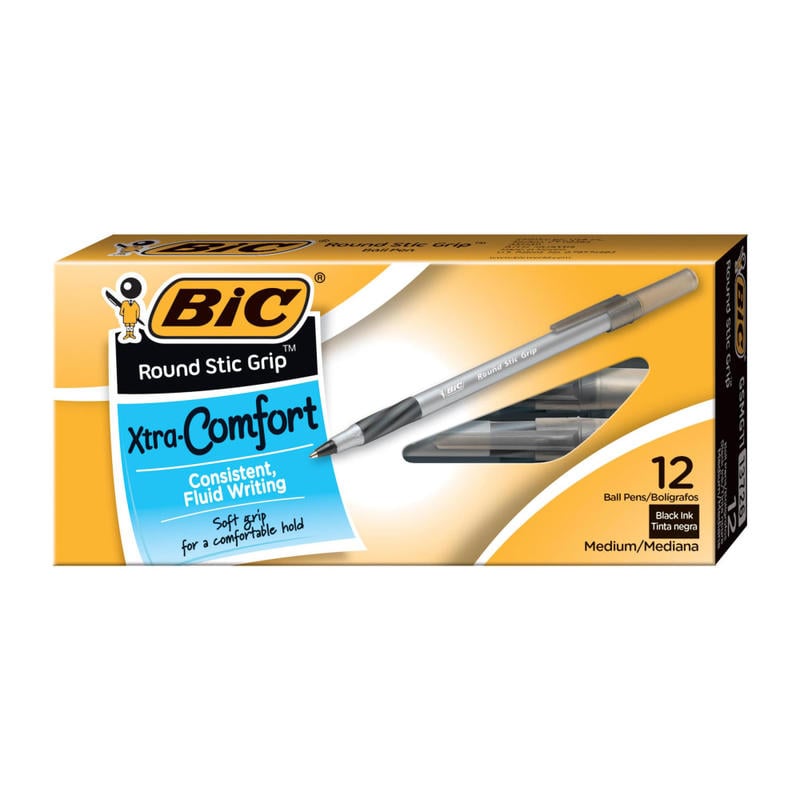 BIC Round Stic Grip Xtra Comfort Ballpoint Pens, Medium Point, 1.2 mm, Gray Barrel, Black Ink, Pack Of 12 Pens (Min Order Qty 25) MPN:GSM11-BLK