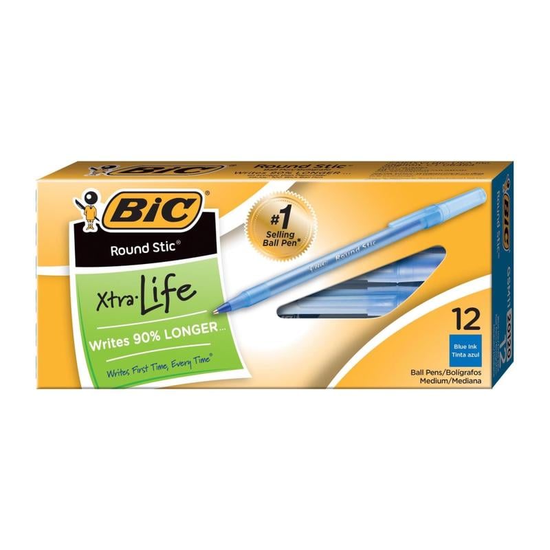 BIC Round Stic Ballpoint Pens, Medium Point, 1.0 mm, Translucent Barrel, Blue Ink, Pack Of 12 (Min Order Qty 43) MPN:GSM11-BLU