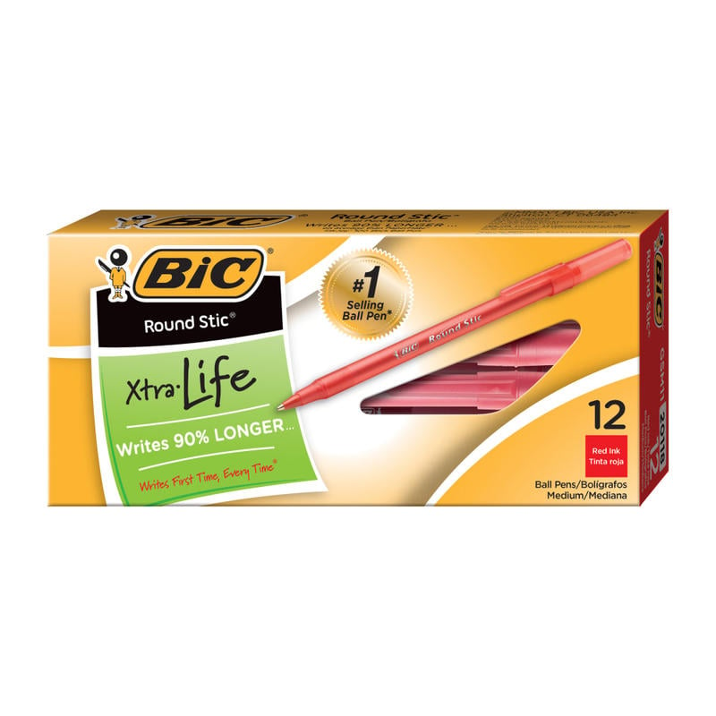 BIC Round Stic Ballpoint Pens, Medium Point, 1.0 mm, Translucent Barrel, Red Ink, Pack Of 12 (Min Order Qty 43) MPN:GSM11-RED