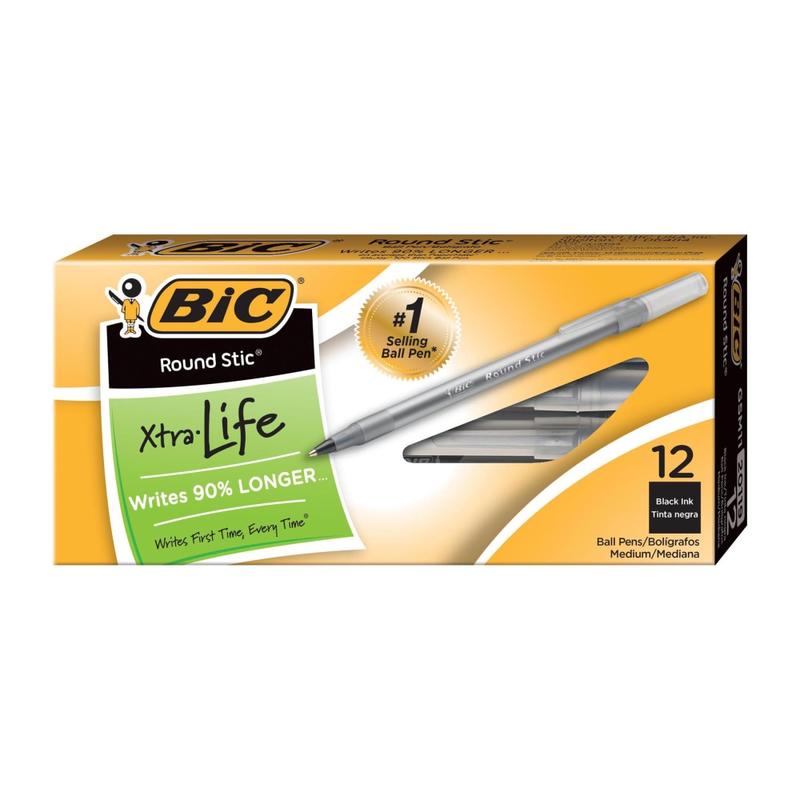 BIC Round Stic Ballpoint Pens, Medium Point, 1.0 mm, Translucent Barrel, Black Ink, Pack Of 12 (Min Order Qty 43) MPN:GSM11BK