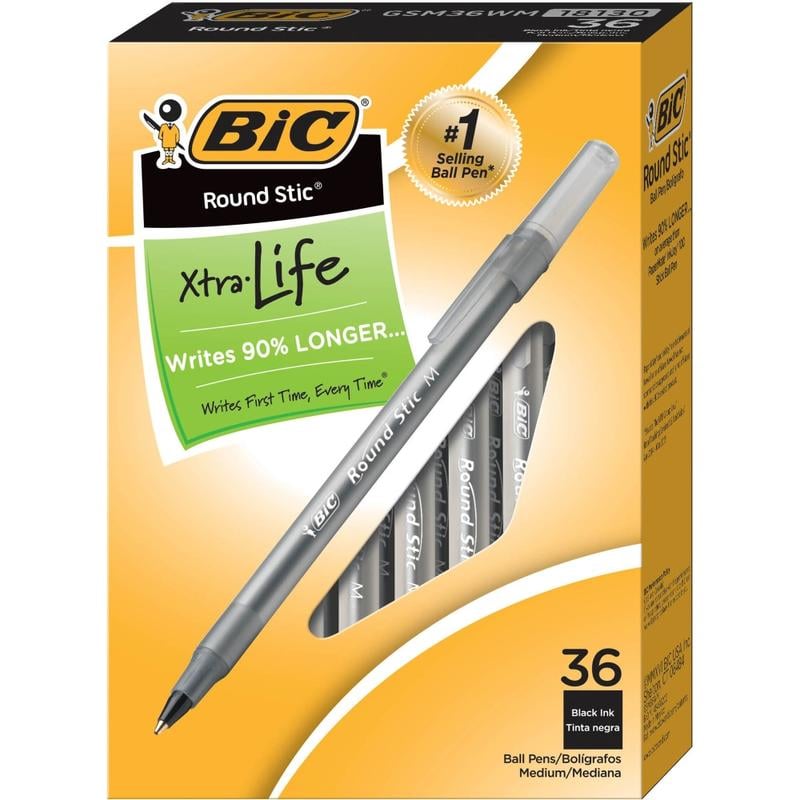 BIC Round Stic Xtra Life Ballpoint Pens, Medium Point, 1.0 mm, Translucent Barrel, Black Ink, Pack Of 36 Pens (Min Order Qty 15) MPN:GSM36WM-BLK