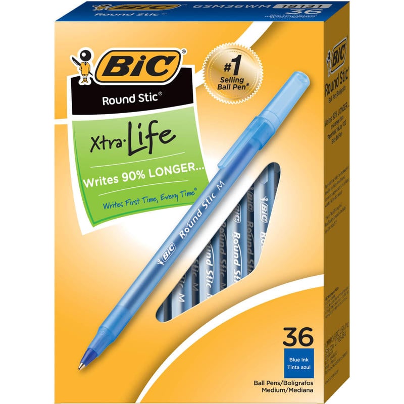 BIC Round Stic Xtra Life Ballpoint Pens, Medium Point, 1.0 mm, Translucent Barrel, Blue Ink, Pack Of 36 Pens (Min Order Qty 15) MPN:GSM36WM-BLU