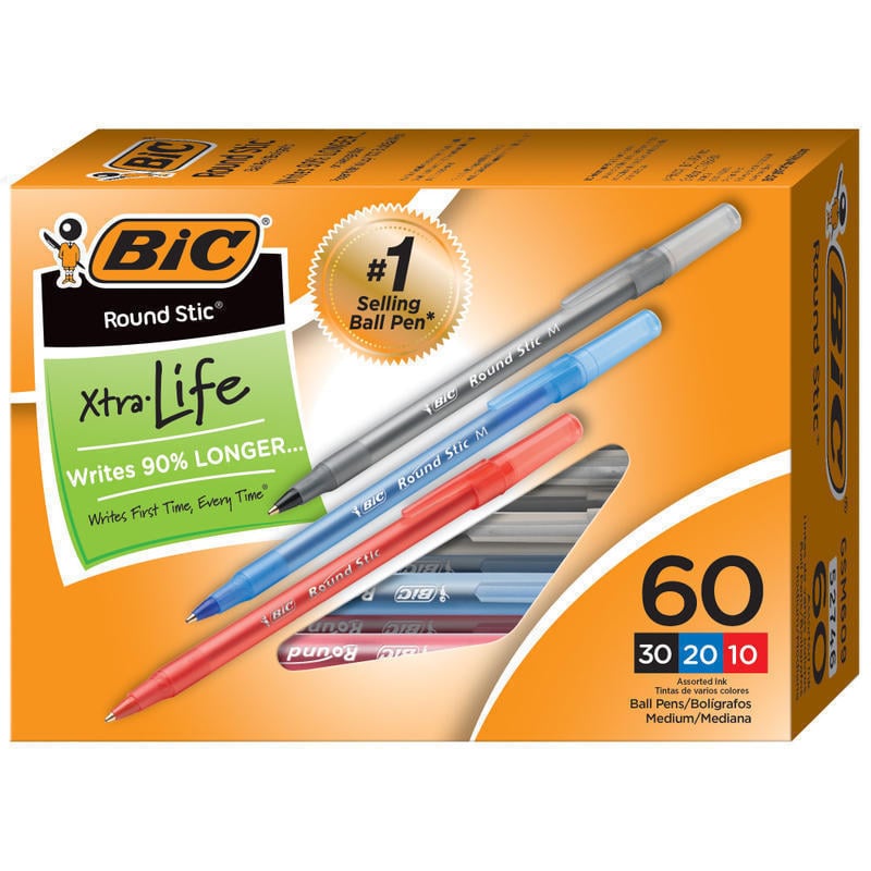 BIC Round Stic Xtra Life Ballpoint Pens, Medium Point, 1.0 mm, Assorted Colors, Pack Of 60 Pens (Min Order Qty 10) MPN:GSM609-AST