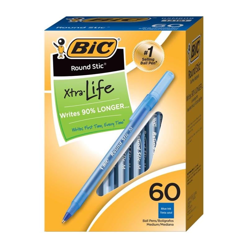 BIC Round Stic Ballpoint Pens, Medium Point, 1.0 mm, Translucent Barrel, Blue Ink, Box Of 60 (Min Order Qty 11) MPN:GSM609-BLU