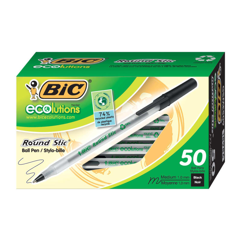 BIC Ecolutions Round Stic Ball Pens, Medium Point, 1.0 mm, 74% Recycled, Translucent Barrel, Black Ink, Pack Of 50 Pens (Min Order Qty 10) MPN:GSME509-BLK