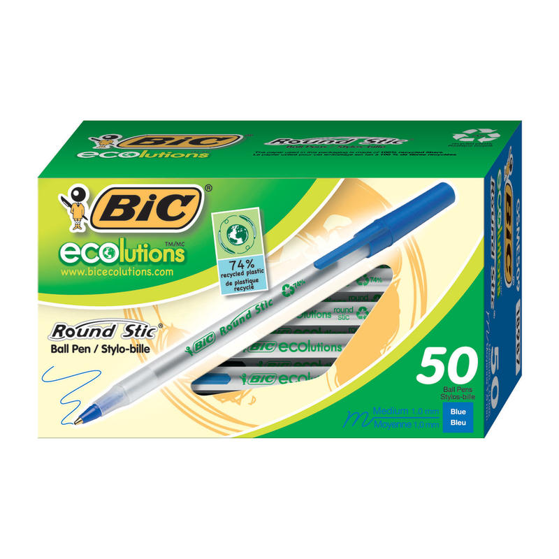 BIC Ecolutions Round Stic Ball Pens, Medium Point, 1.0 mm, 74% Recycled, Translucent Barrel, Blue Ink, Pack Of 50 Pens (Min Order Qty 10) MPN:GSME509-BLU