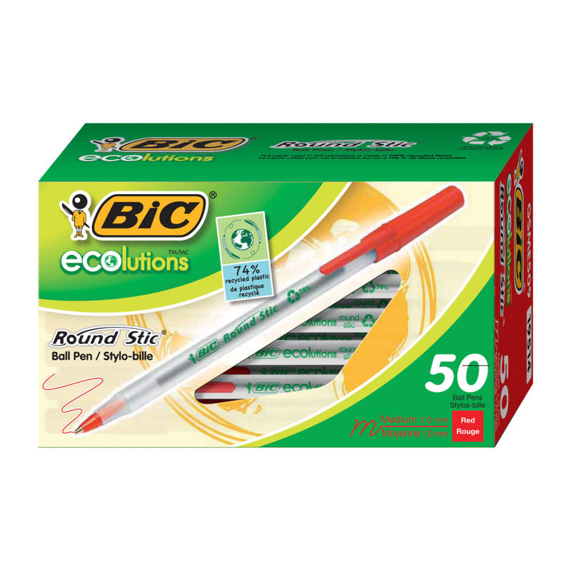 BIC Ecolutions Round Stic Ball Pens, Medium Point, 1.0 mm, 74% Recycled, Translucent Barrel, Red Ink, Pack Of 50 Pens (Min Order Qty 10) MPN:GSME509-RED