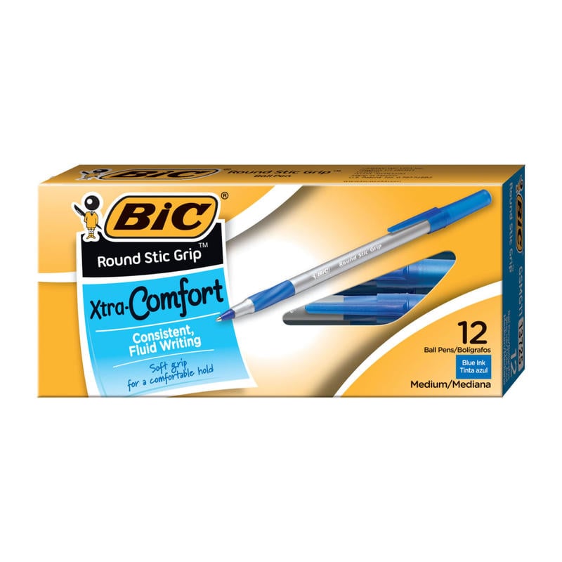 BIC Round Stic Grip Xtra Comfort Ballpoint Pens, Medium Point, 1.2 mm, Gray Barrel, Blue Ink, Pack Of 12 Pens (Min Order Qty 25) MPN:GSMG11-BLU