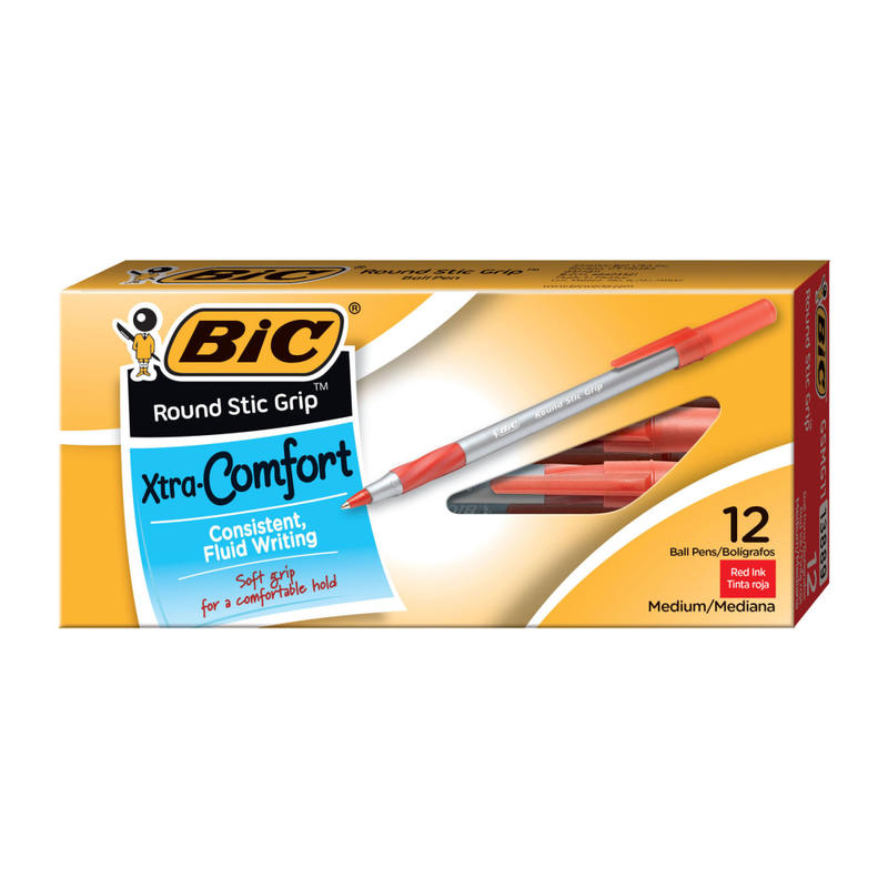 BIC Round Stic Grip Xtra Comfort Ballpoint Pens, Medium Point, 1.2 mm, Gray Barrel, Red Ink, Pack Of 12 Pens (Min Order Qty 25) MPN:GSMG11-RED