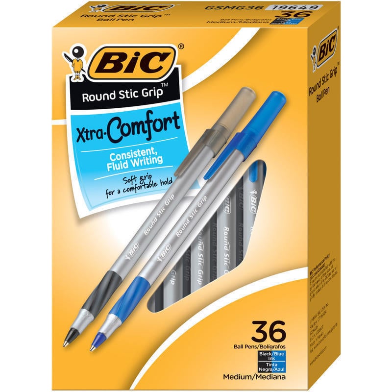 BIC Round Stic Grip Xtra-Comfort Ballpoint Pens, Medium Point, 1.2 mm, Assorted Barrels, Assorted Ink Colors, Box Of 36 (Min Order Qty 9) MPN:GSMG361AST