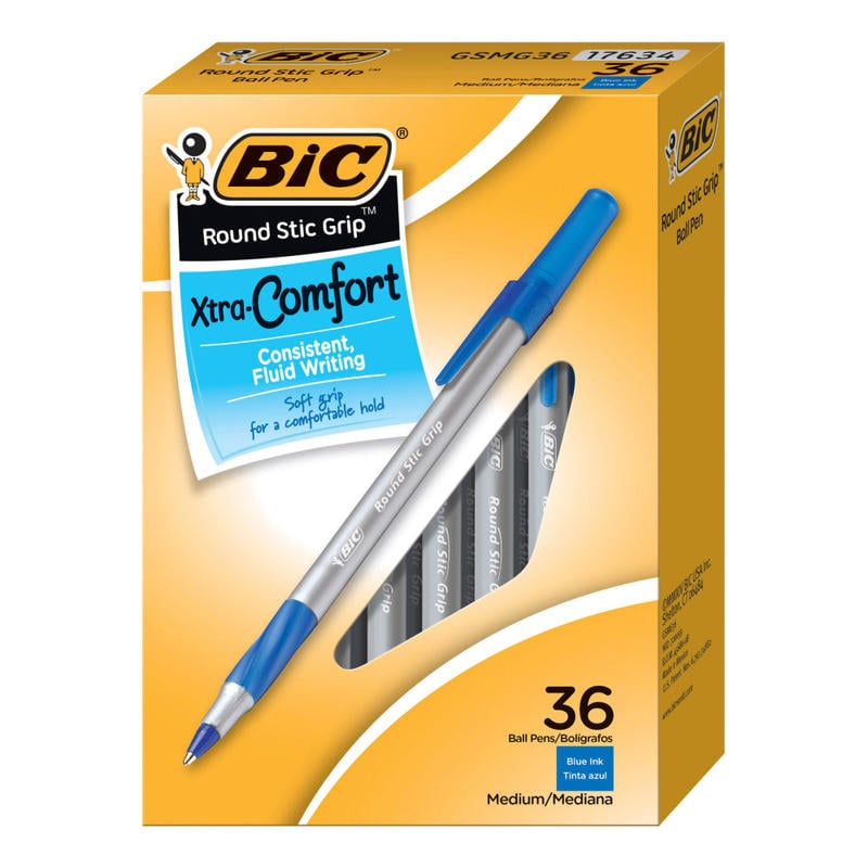 BIC Round Stic Grip Ballpoint Pens, Medium Point, 1.2 mm, Blue Ink, Pack Of 36 Pens (Min Order Qty 6) MPN:GSMG361BE