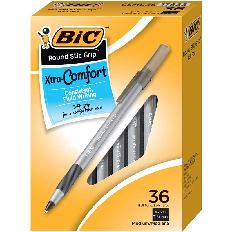 BIC Round Stic Grip Ballpoint Pens, Medium Point, 1.2 mm, Black Ink, Pack Of 36 Pens (Min Order Qty 6) MPN:GSMG361BK